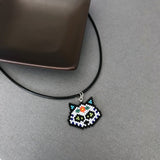 Sugar Skull Cat Beaded Necklace On Adjustable Black Cord