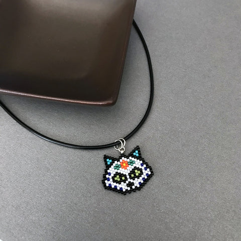 Sugar Skull Cat Beaded Necklace On Adjustable Black Cord
