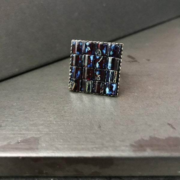 Deep Red With Light Blue Accent Adjustable Brass Square Ring