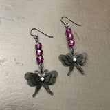 Black Butterfly Dangle Earrings With Purple Accent Beads