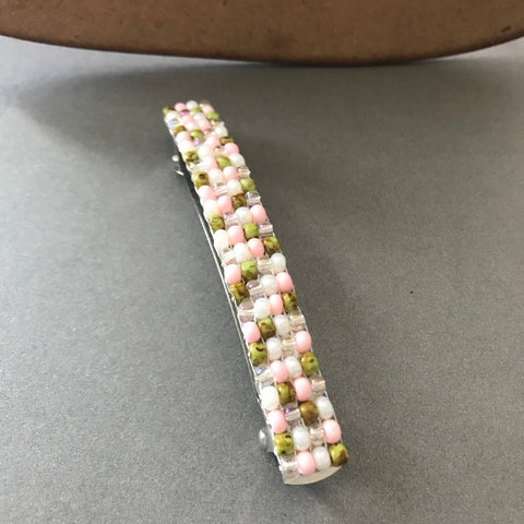 Pink Green Beaded French Barrette, Large, 90mm