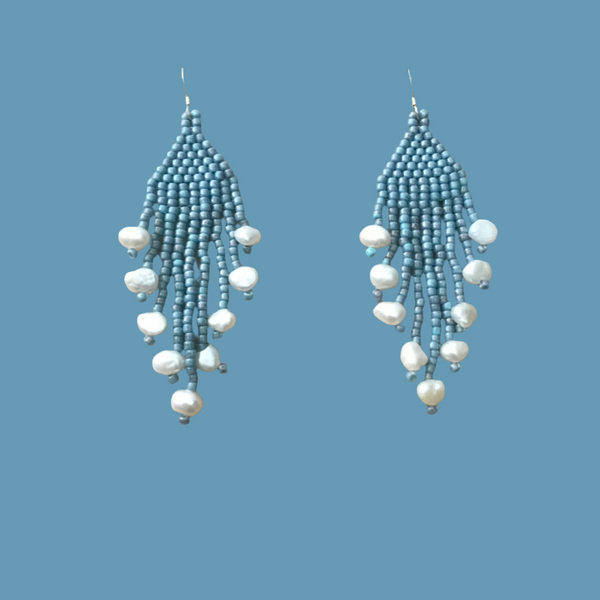 Blue Dangle Earrings With Cultured Freshwater Pearl Nuggets