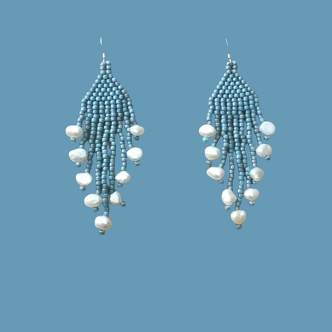 Blue Dangle Earrings With Cultured Freshwater Pearl Nuggets