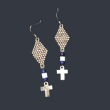 Beaded Metallic Pewter Plated Cross Dangle Earrings