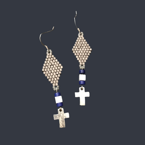 Beaded Metallic Pewter Plated Cross Dangle Earrings
