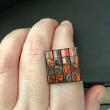 Coral Color Square Adjustable Antiqued Bronze Color Ring