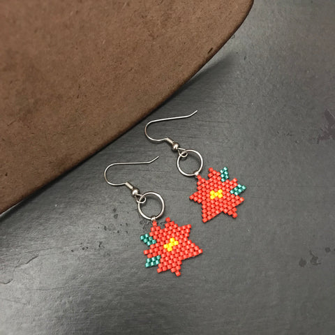 Poinsettia Earrings, Christmas Holiday Dangle Earrings