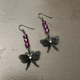 Black Butterfly Dangle Earrings With Purple Accent Beads