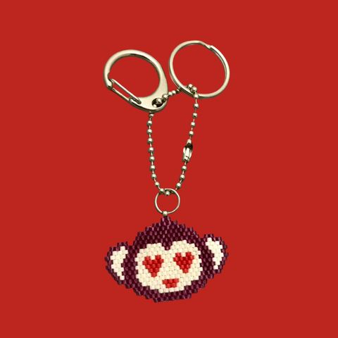 Beaded Monkey Charm With Heart Eyes, Keychain
