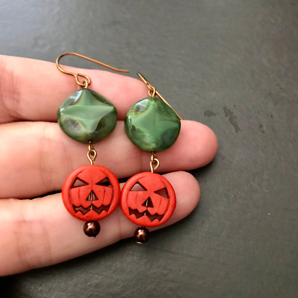 Orange Pumpkin Earrings With Green Czech Accent Beads For Fall
