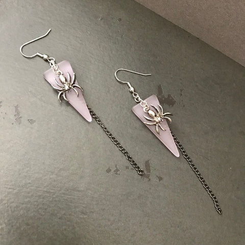 Silver Tone Spider Charms On Pink Glass