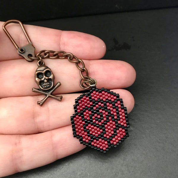 Black And Red Rose With Copper Tone Skull Charm