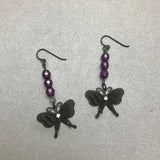 Black Butterfly Dangle Earrings With Purple Accent Beads