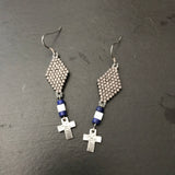 Beaded Metallic Pewter Plated Cross Dangle Earrings