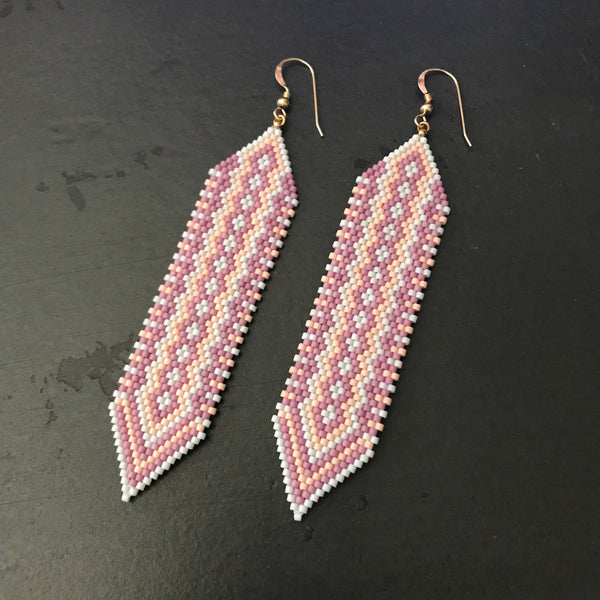 Long Statement Earrings, Beaded Boho Light Gray, Peach, Purple