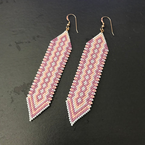 Long Statement Earrings, Beaded Boho Light Gray, Peach, Purple