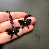 Black Butterfly Dangle Earrings With Purple Accent Beads