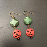 Orange Pumpkin Earrings With Green Czech Accent Beads For Fall