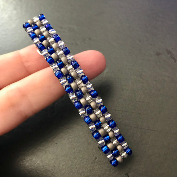 Shiny Blue, Gray, And Silver Beaded 80mm French Hair Barrette