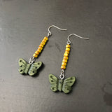 Green Butterfly Dangle Earrings With Yellow Accent Beads