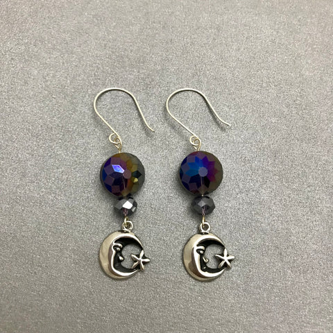 Half Moon With Star Purple Dangle Earrings