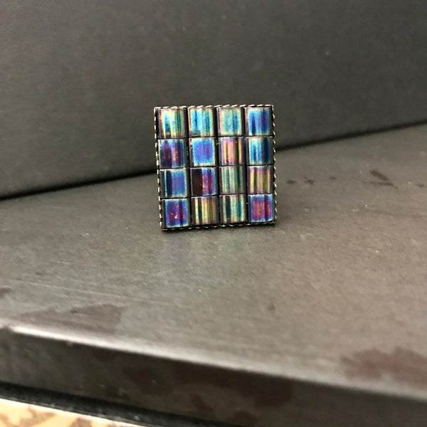 Metallic Emerald Rainbow Tila Square Adjustable Ring