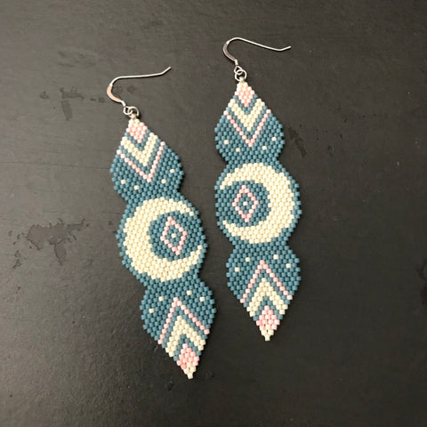 Long Lunar Earrings In Blue, Peach, And Cream