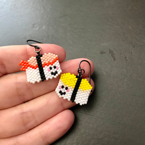 Egg And Shrimp Sushi, Beaded Mismatched Earrings