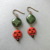 Orange Pumpkin Earrings With Green Czech Accent Beads For Fall