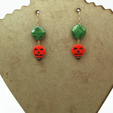 Orange Pumpkin Earrings With Green Czech Accent Beads For Fall