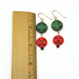 Orange Pumpkin Earrings With Green Czech Accent Beads For Fall